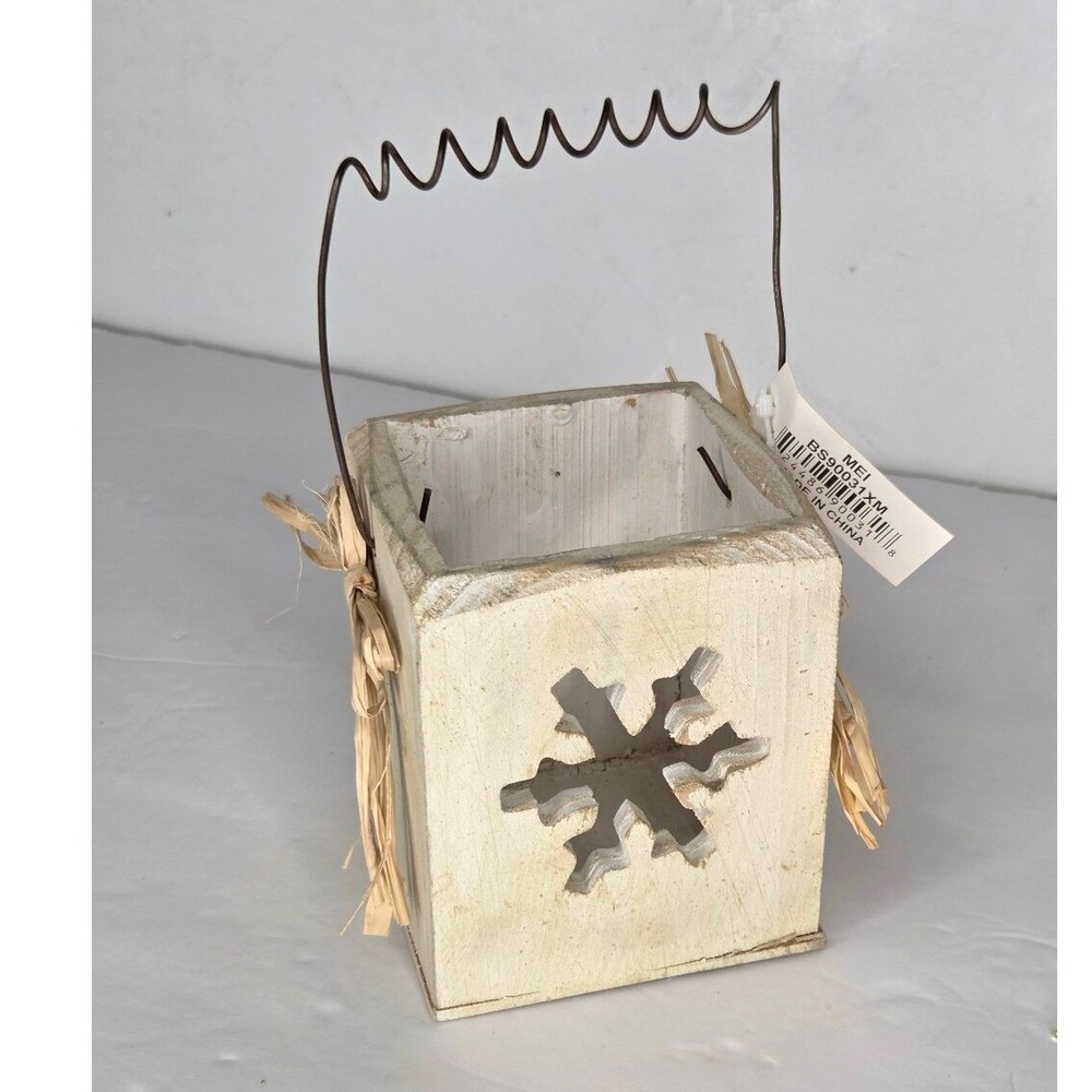 Rustic White Wooden Snowflake Tealight Candle Holder Lantern Primitive Decor‎